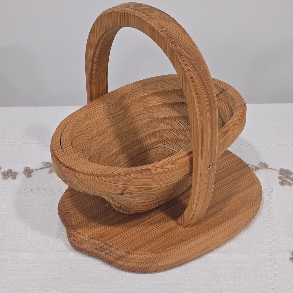 Vintage Wooden Folding Fruit Basket Picnic Centerpiece Cottage Artist Signed